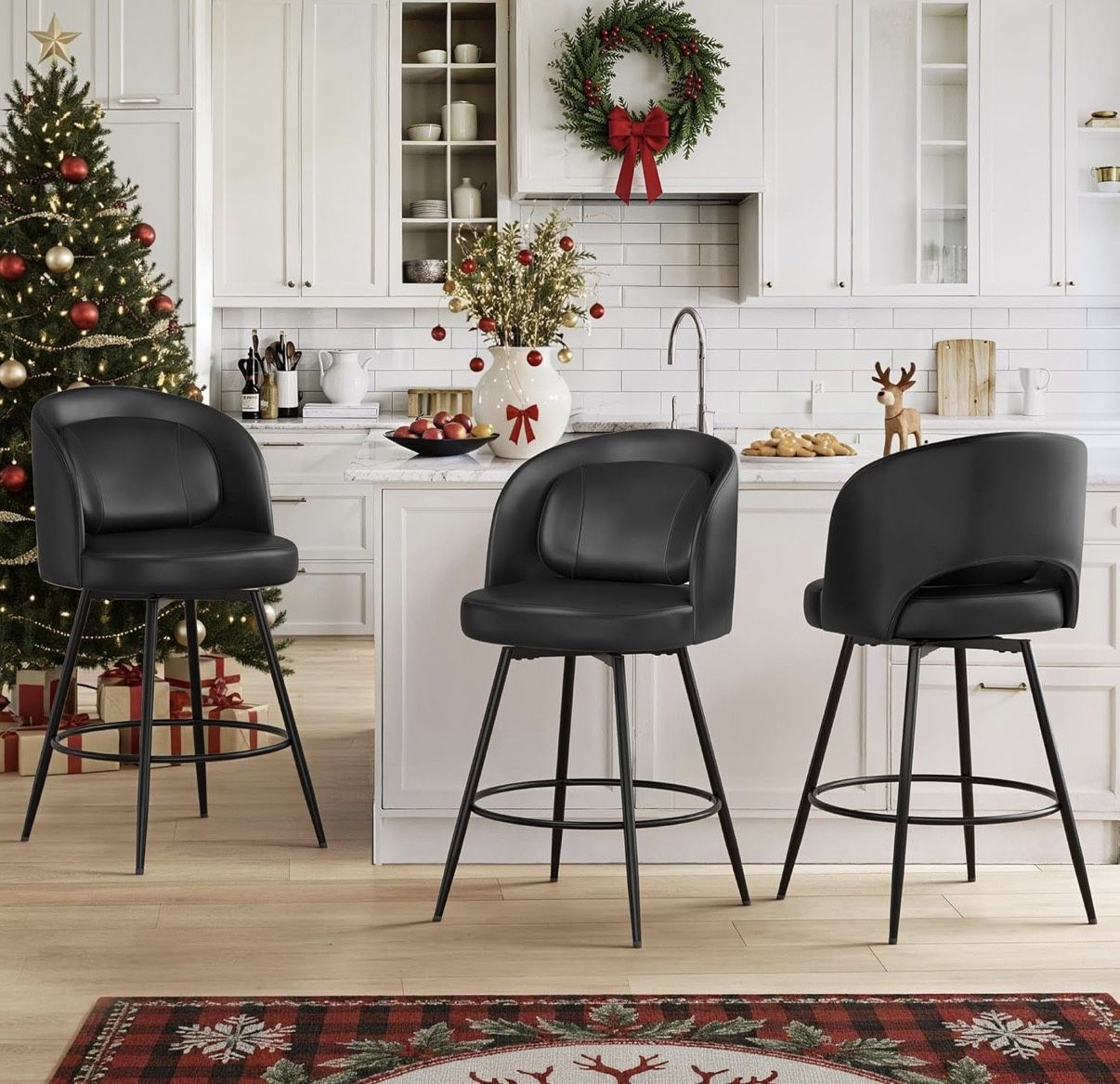 3X Black 26” Swivel Faux Leather Barstools