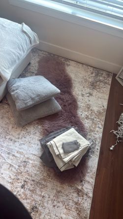 Gray, Beige, purple, Carpet , pillow and Curtain