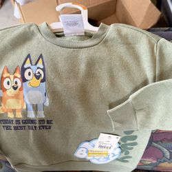 Bluey branded olive green fleece sweatshirt for toddlers, specifically a 12M size.  