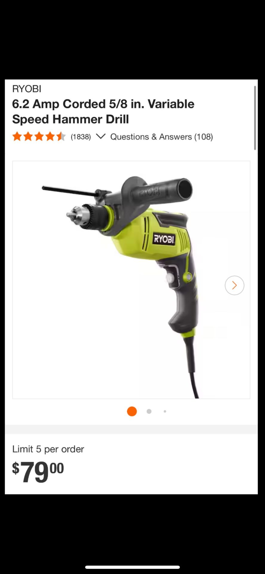 RYOBI 6.2 Amp Corded 5/8 in. Variable Speed Hammer Drill