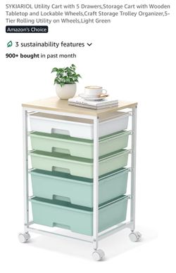 5 Tier Rolling Storage Cart with Wooden Top Shelf (Green Color Scheme)