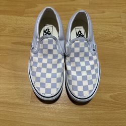Slip On Dusty Baby Blue And White Checker Vans 