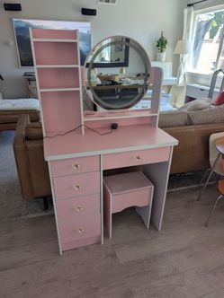 Pink Vanity Desk with Mirror
