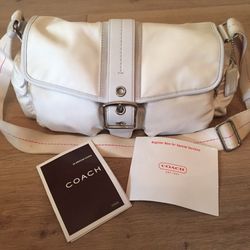 Coach Cream Hand Bag- Nylon, Leather And Suede