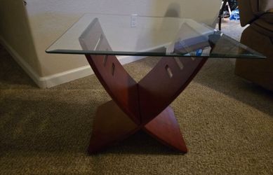 Glass Top End Table with Wood X Base
