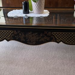 Vintage Chinoiserie Black/Brown Lacquered Glass Top Coffee Table 