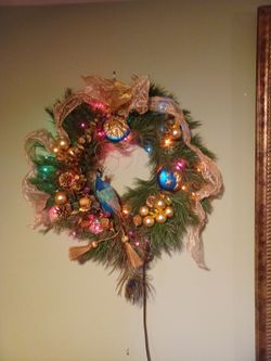 Christmas Peacock Wreath with Multicolored Small Lights