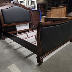 Dark Mahogany / Black Leather Queen Size Sleigh Bed Frame