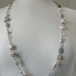 NEW Fresh Water ​Pearl ​& Natural ​Aquamarine Long ​or Short Necklace Double Multicolored 