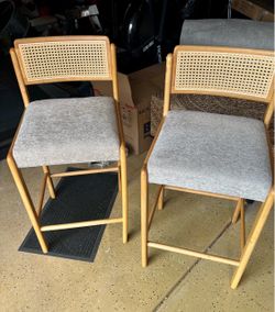 Gray chenille and oak barstools