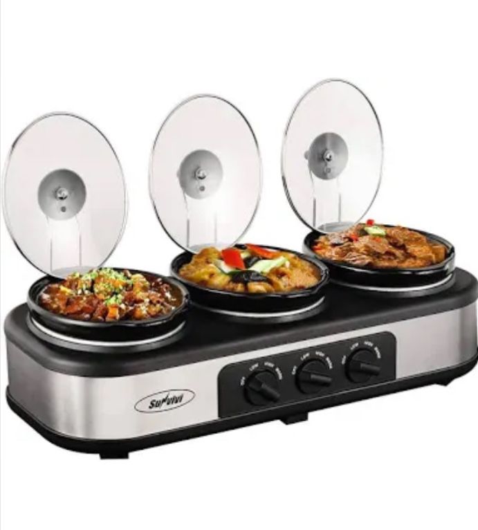 SUNVIVI Small Slow Cooker Triple Food Warmer Buffet Servers with 3 Ceramic Pot 1.5 Quart Crock, Perfect for Parties, Entertaining 