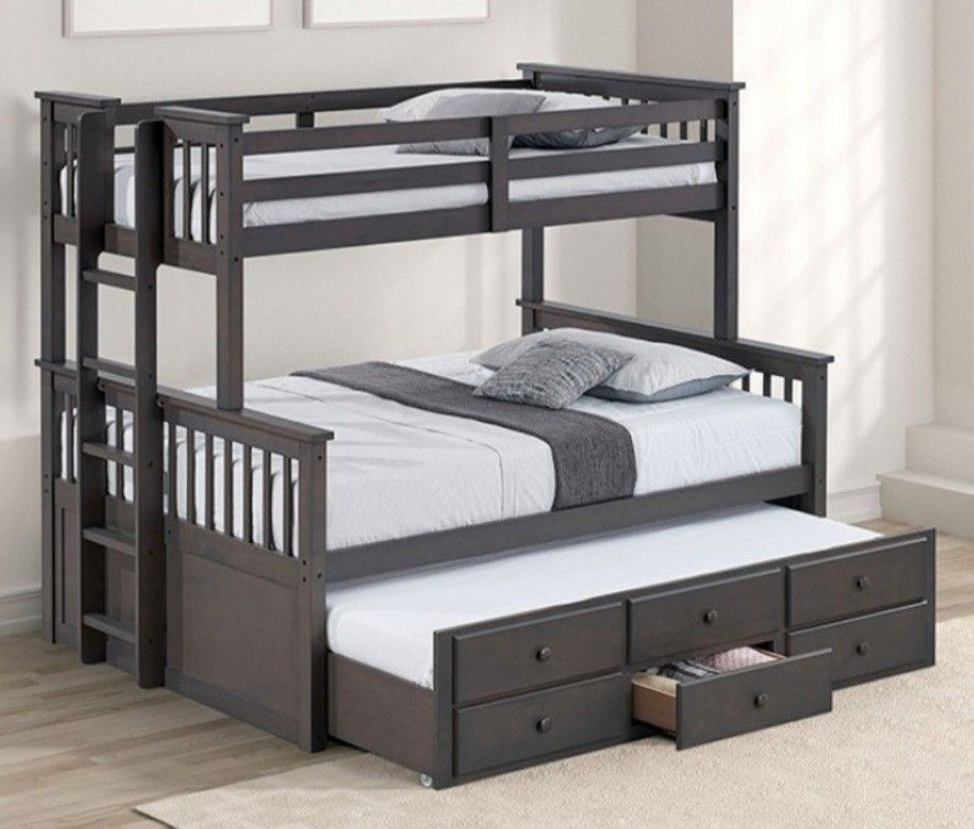 Brand New Grey Twin Over Full Bunk Bed w Trundle Bed + Drawers