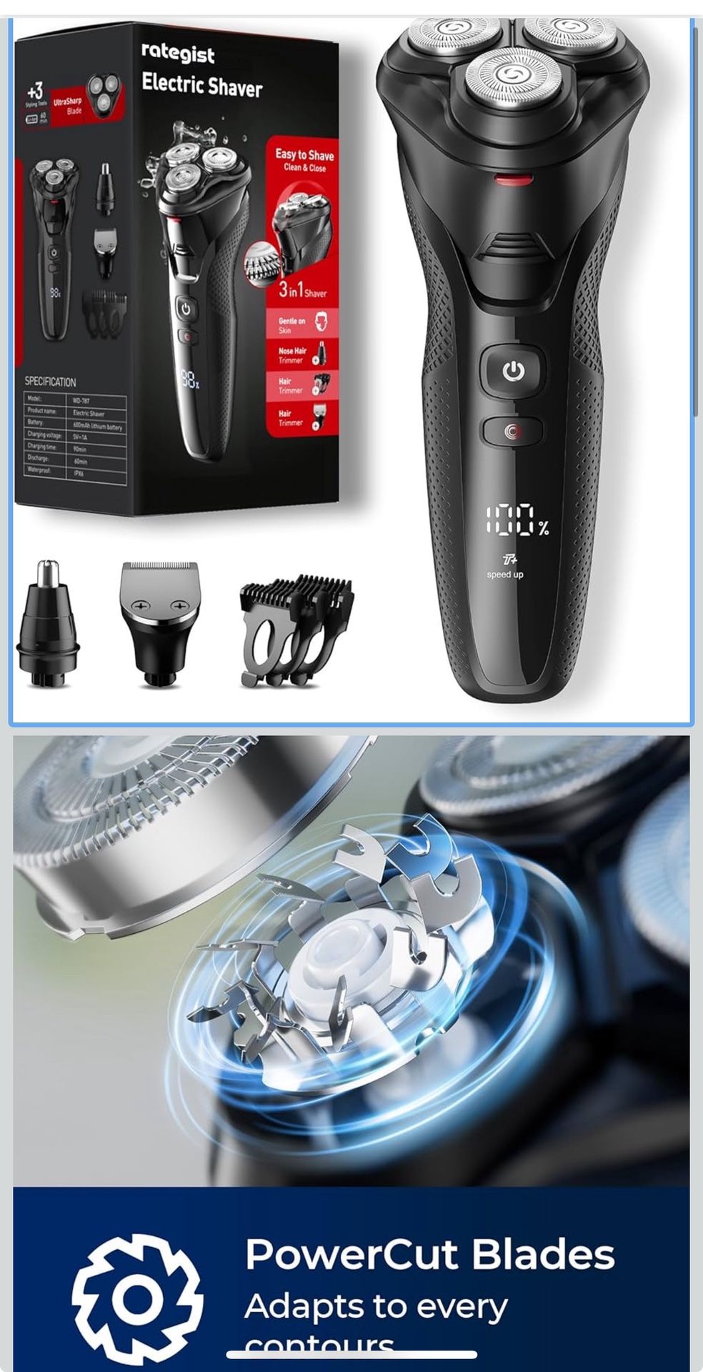 Cordless Electric Razor for Men: 3-in-1 Shaver for Beard/Nose/Sideburns - IPX7 Waterproof Travel Kit - Turbo Speed & Precision Blades, Texture Black