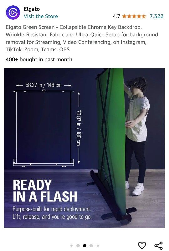 Elgato Green Screen - Collapsible Chroma Key Backdrop, Wrinkle-Resistant Fabric and Ultra-Quick Setup