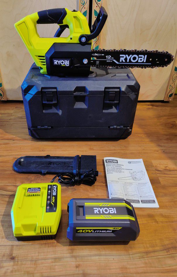 RYOBI 40V HP Brushless 12 in. Top Handle Cordless Battery Chainsaw with 4.0 Battery and Charger.  Brand New