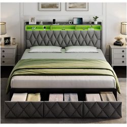 Brand New In Box! Beautiful/Modern Gray King Size Upholstered Platform Bed With Drawers & Headboard, Power Outlets 