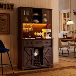 6ft Farmhouse Bar Cabinet w/ Sliding Barn Doors, Wine Rack & Storage Hutch - Assembly Required
