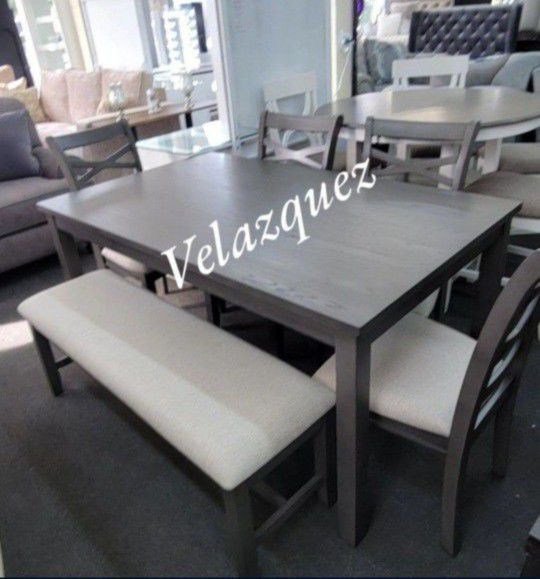 ✅️✅️Mothers day special **6pc gray finish wood dining table set, padded seat chairs and bench**