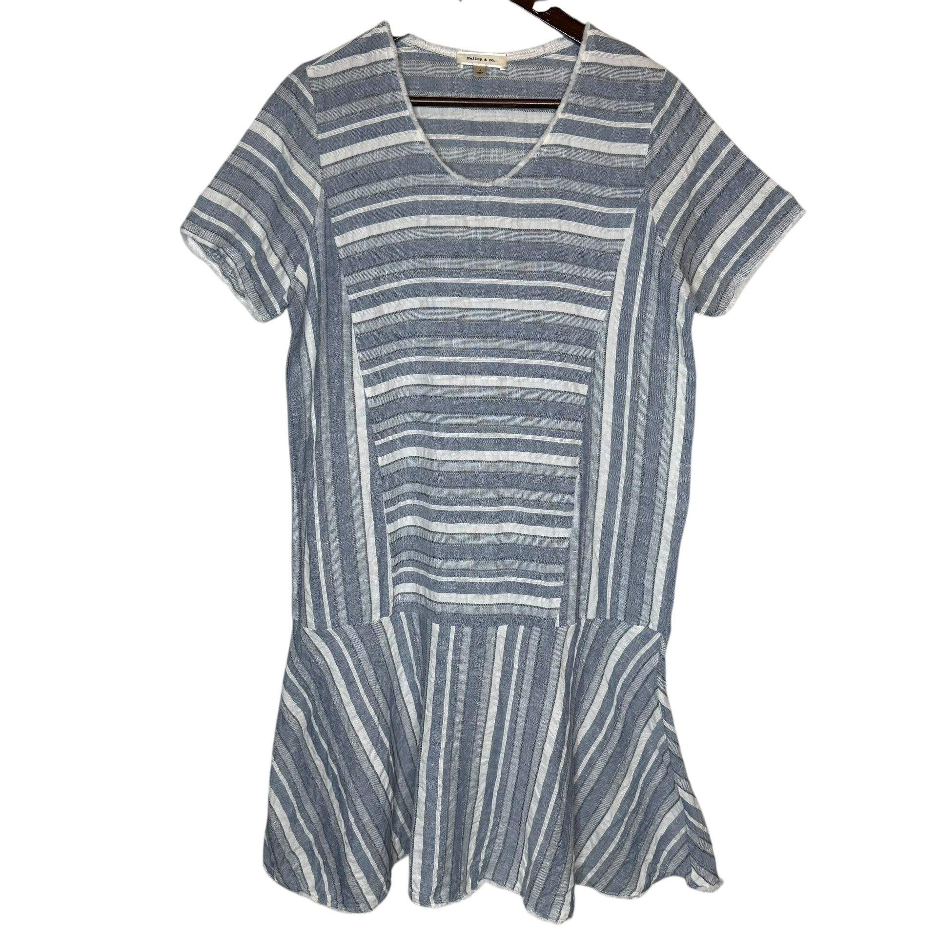 Linen Blend Knee Length Blue Striped Dress Medium