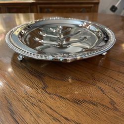 Elegant Silver Colored Metal Serving Platter with Tree Shaped Well and Feet