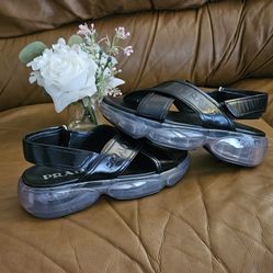 Women's Prada Black Leather High-End Luxury Snap Sandals Size 5 US (LIMITED EDITION MODEL)