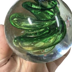 Vintage Marian Pyrcak green swirl Glass Paperweight / Green glass decor