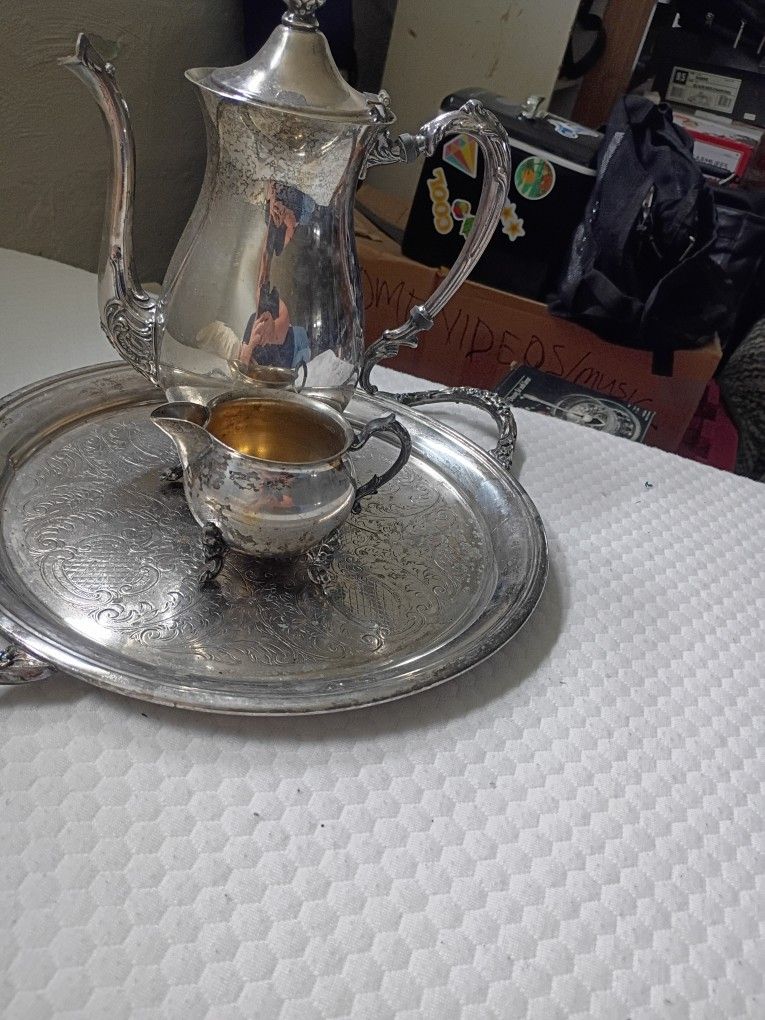 Silver Plated Antique Serving Tray, With Matching Creamer Cup And Coffee Pot.