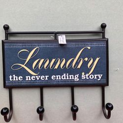 Home interiors Sign Laundry wall hanging 4 hooks rack 