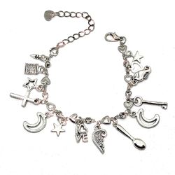 Dainty Silver Alloy Fashion Charm Bracelet With Zircon Crystals & Small Charms