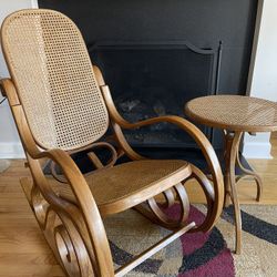 Vintage Mid Century Modern Thonet Style Cane Bentwood Rocking Chair and Table