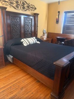 Dark Wood King Bed Frame with Ornate Headboard