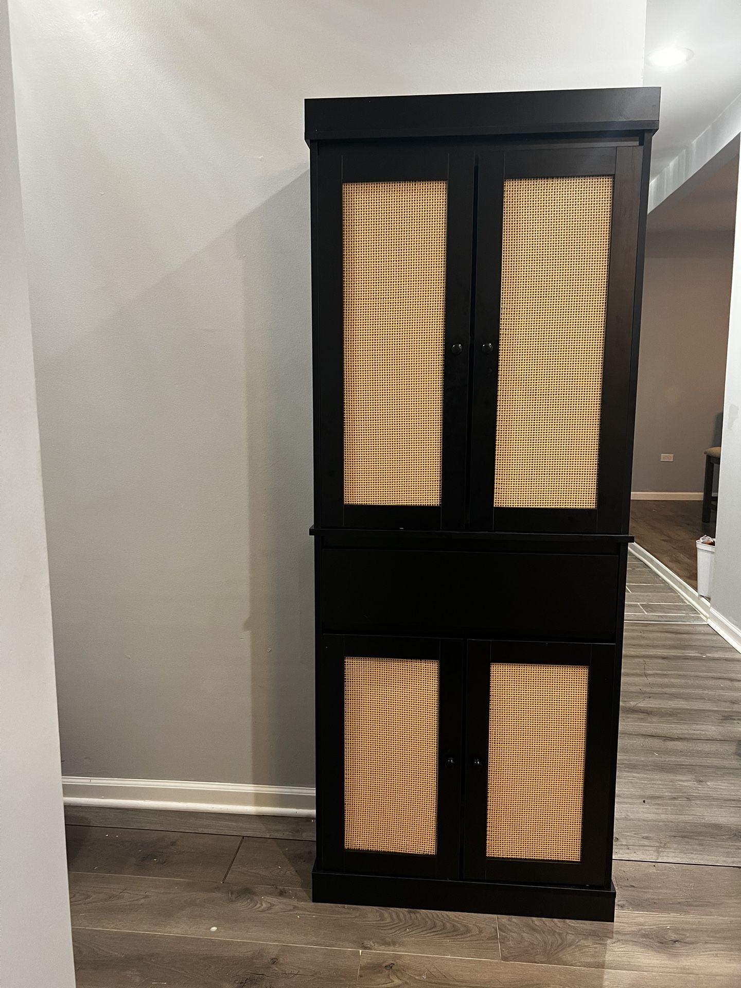 Black N Beige Storage Cabinet/ 2Top And 2Lower Shelves W/ Drawer