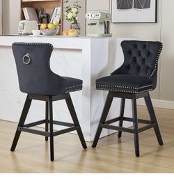 Modern Swivel Bar Stools Set of 4, 25.9" Black Counter Height Bar Stools with Back for Kitchen Island, Velvet Upholstered Island Chairs with Wood Legs