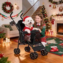4 Wheels Pet Stroller, Easy-Fold Puppy Cage Jogger Stroller with Sun Cover, Pad and Rear Storage Bag, Breathable and Visible Mesh for Small/Medium Pet