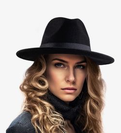 Hat Felt Wide Brim Fedora Hats for Women Men, with Band Belt Buckle, Adjustable