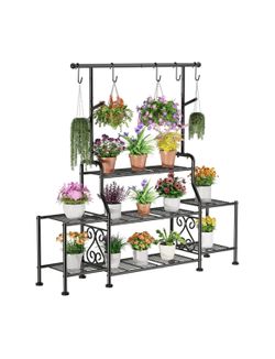 3-Tier Tall Metal Plant Stand Indoor Outdoor - Heavy Duty Plant Shelf for Garden, Patio, Balcony with 5 Hanging Hooks, Holds 16-25 Plants, Black