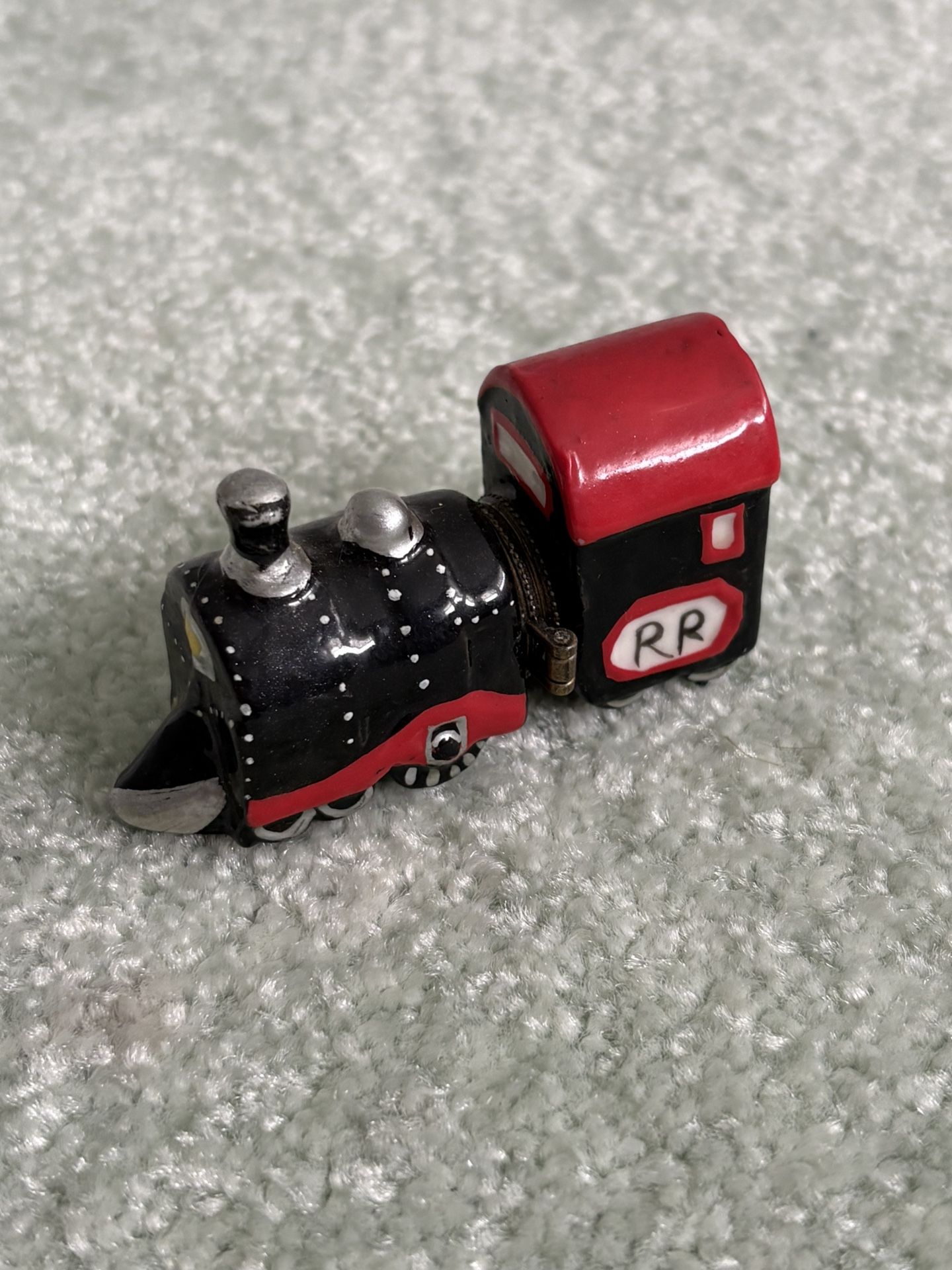 Ceramic Choo-Choo Train Trinket Box With RR Crossing Sign Trinket Inside