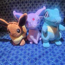3 pokemon plushies Eevee, Totodile and Espeon approximately 8" size