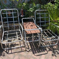 Vintage Pair of Aluminum Lawn Chairs & Redwood Slat Table