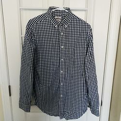 Men’s Medium Navy Blue White Checkered Button Down Long Sleeve Shirt - Plaid Button Down Long Sleeve