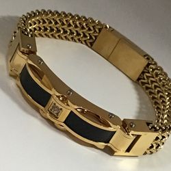 Men’s 8” Gold On Stainless Steel Bracelet with Black Detailed Center + CZ *Ship Nationwide Or Pickup Boca Raton 
