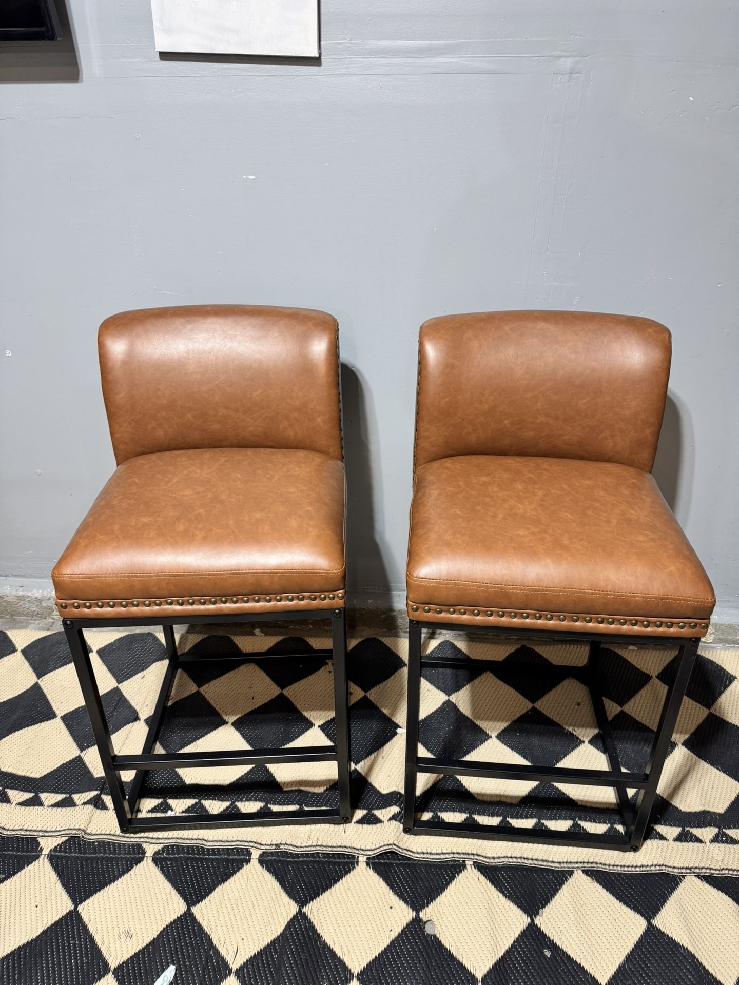 Brown Faux Leather Bar Stool Metal Frame Upholstered Seat Bar Chair with Backrest Rivet (Set of 2)