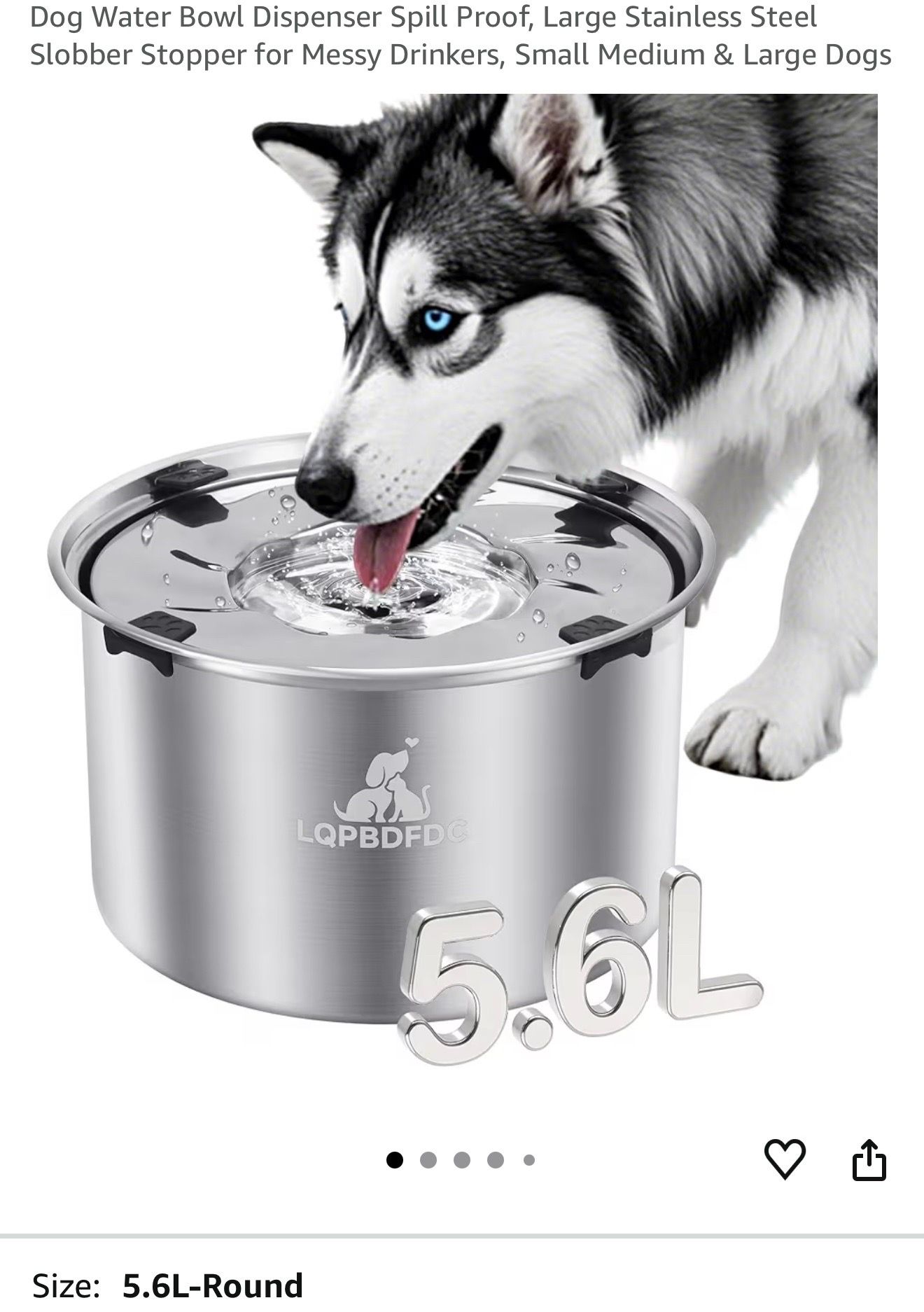 Large 5.6L No Spill Stainless Steel Pet Water Bowl