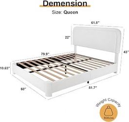 Queen Size Boucle Bed Frame, Upholstered Teddy Fabric Bed Frame with Headboard, Soft Rounded Corners, No Box Spring Required, Adjustable Headboard, Ea