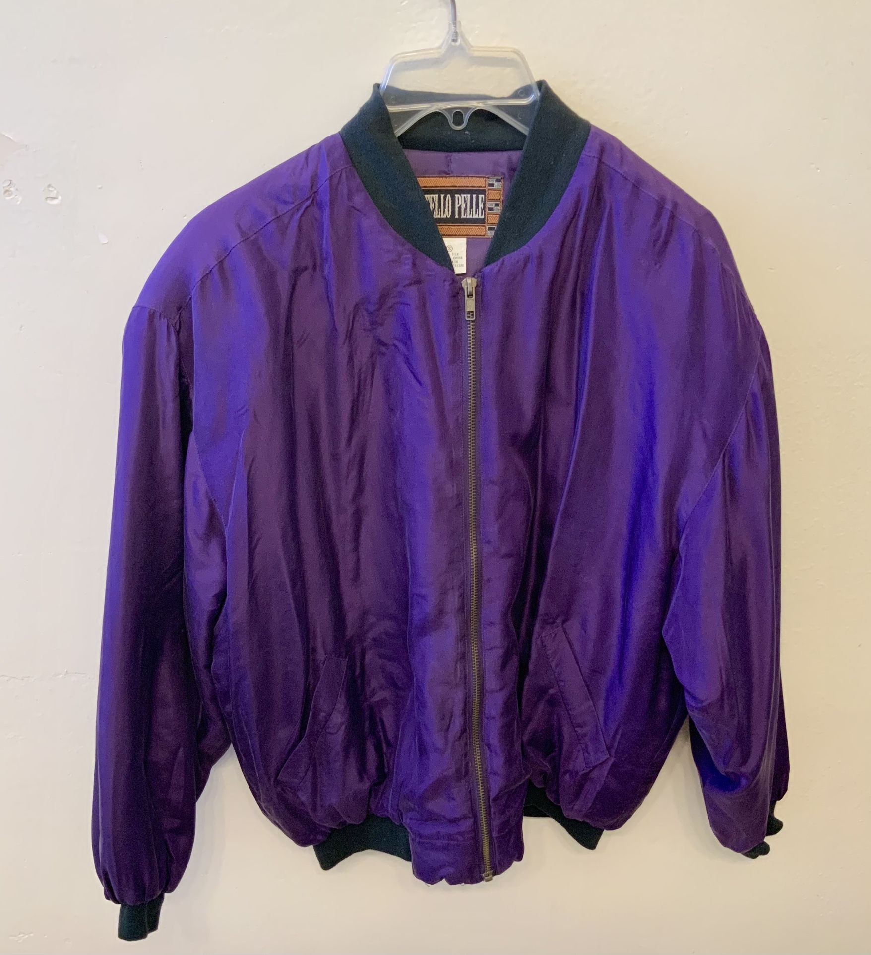 Vintage Otello Pelle Purple 100% Silk Jacket Shoulder Pads Unisex Bomber Small