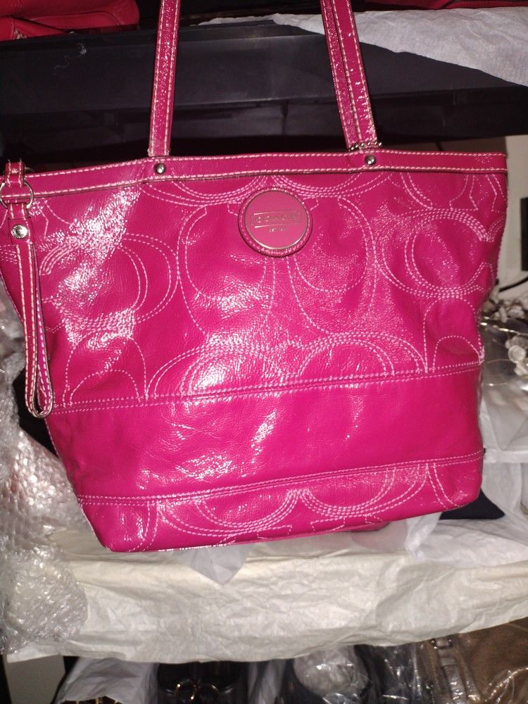 Coach Magenta Patent Leather Coach Signature Tote Bag Small EUC