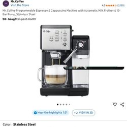 Mr. Coffee Programmable Espresso & Cappuccino Machine with Automatic Milk Frother & 19-Bar Pump, Stainless Steel