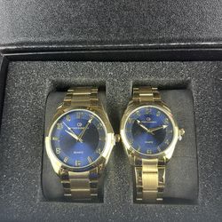 Brand New Grace Elizabeth Watch Set – Blue Face – Gold Tone – Matching Men’s & Women’s Watches
