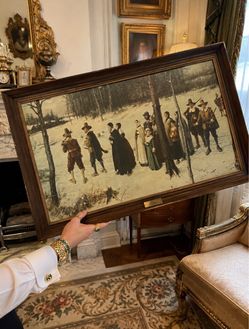 HUGE Pilgrims Going To Church Original Vintage 1950’s Framed Fine Art NYHS Print George H. Boughton New York Historical Society Printed HILLCREST