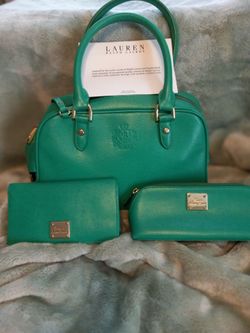 Ralph Lauren handbag, makeup bag and envelope wallet excellent condition beautiful kelly green color like new